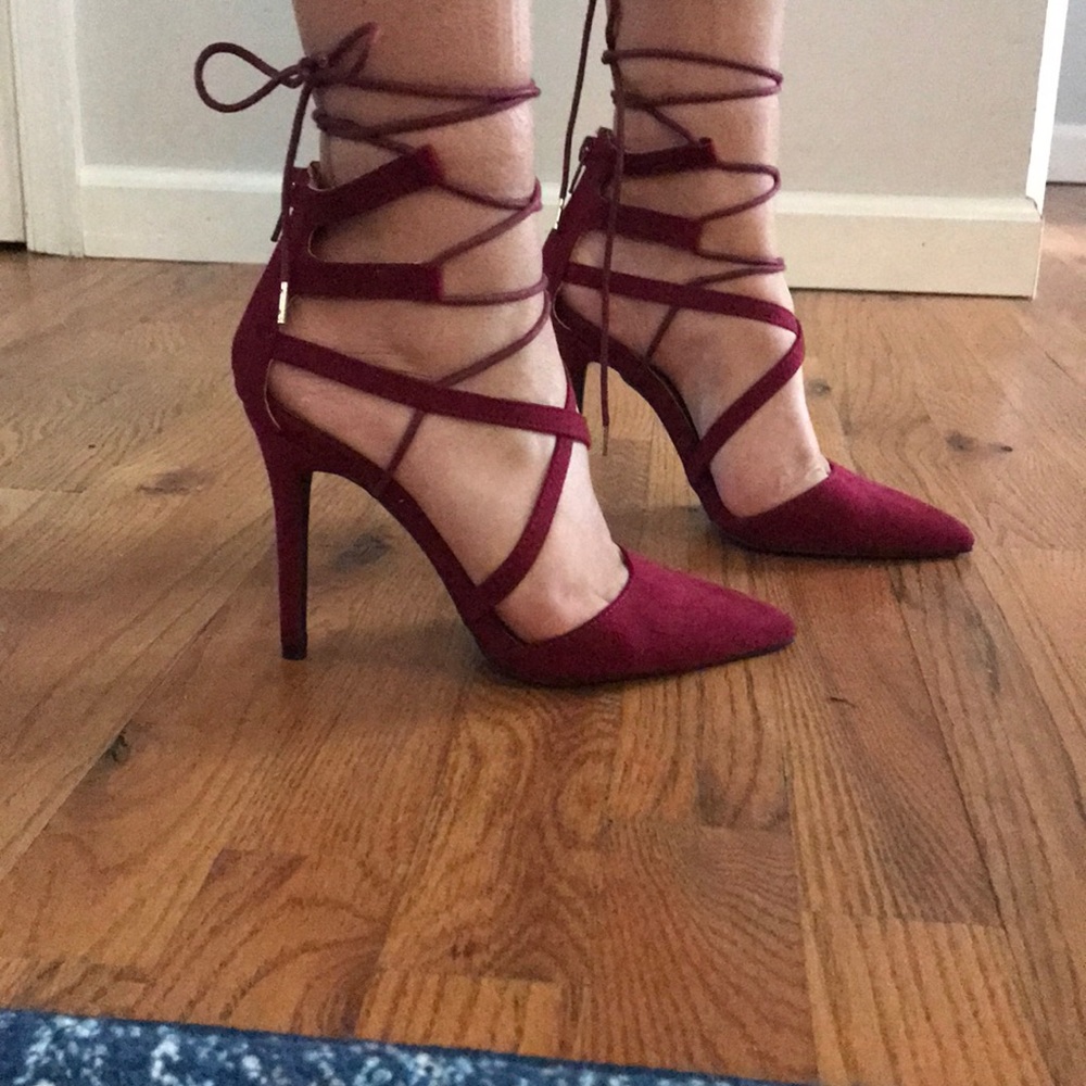 Maroon strappy lace up stilettos